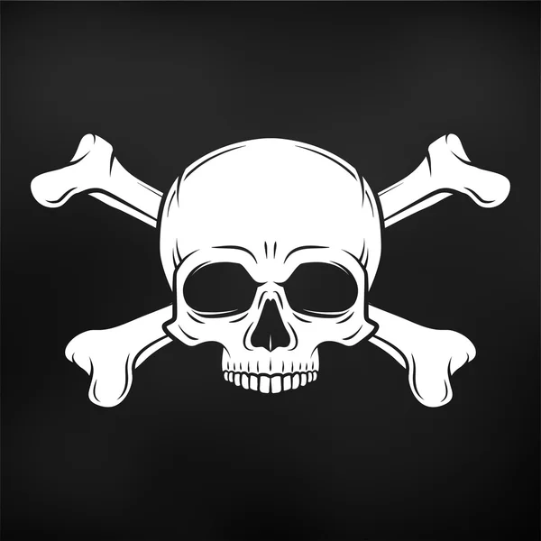 Vettore del cranio malvagio umano su sfondo nero. Jolly Roger con croce modello logo ossa. design t-shirt morte. Concetto di insegna pirata. Illustrazione icona veleno . — Vettoriale Stock