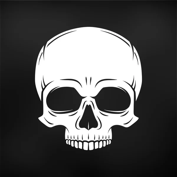 Vector de cráneo humano malvado. Plantilla de logotipo Jolly Roger. diseño de la camiseta de la muerte. Concepto de insignia pirata. Ilustración de iconos venenosos sobre fondo negro — Vector de stock