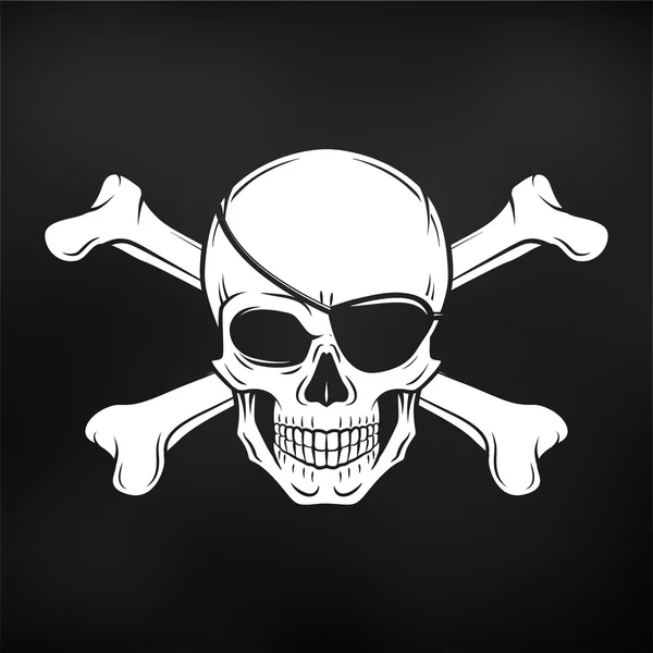 Jolly Roger con la plantilla del logotipo del ojo y los huesos cruzados. Malvado vector craneal. Diseño de camiseta oscura. Icono pirata sobre fondo negro Vector de stock