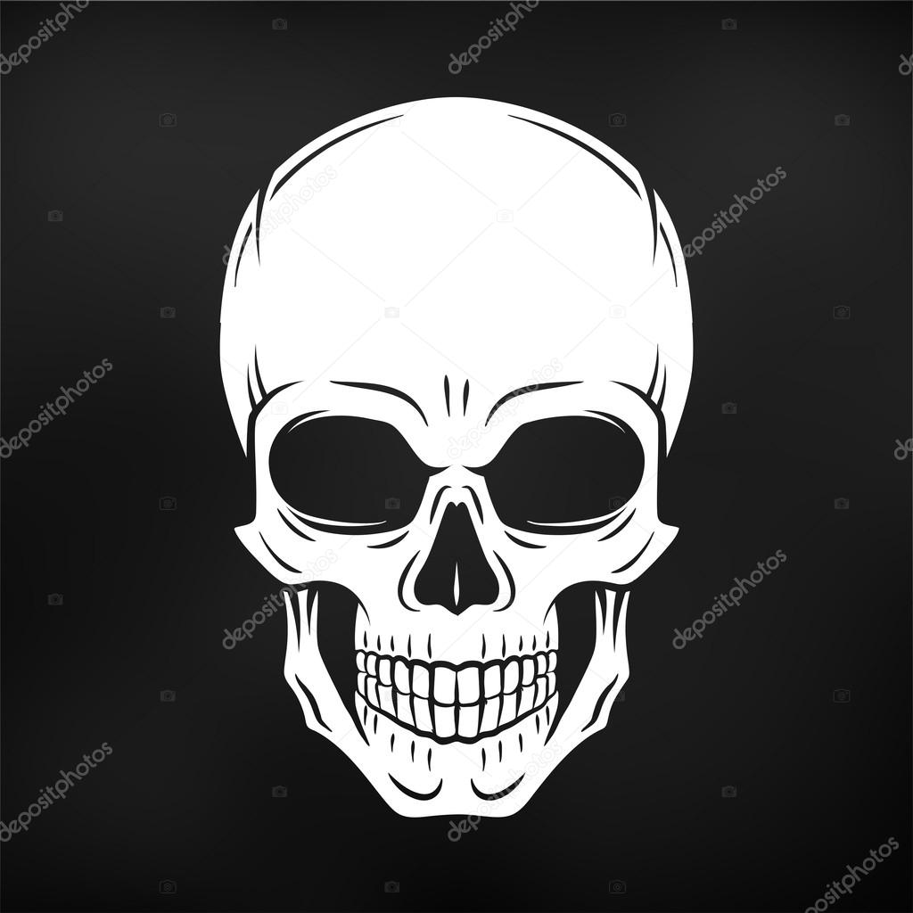 Human evil skull vector. Jolly Roger logo template on black background. death t-shirt design. Pirate insignia concept. Poison icon illustration