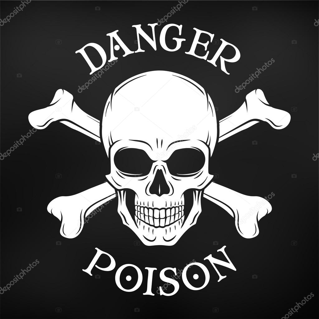 Danger skull vector on black background. Jolly Roger with crossbones logo template. death t-shirt design. Pirate insignia concept. Poison icon illustration.