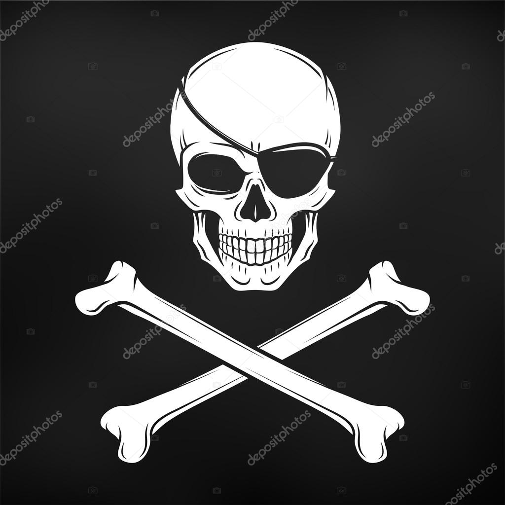 Jolly Roger with eyepatch and crossbones logo template. Evil skull vector. Dark t-shirt design. Pirate black flag concept