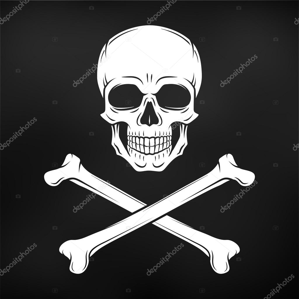 Human evil skull vector. Jolly Roger with crossbones logo template. death t-shirt design. Pirate insignia concept. Poison icon illustration on black background