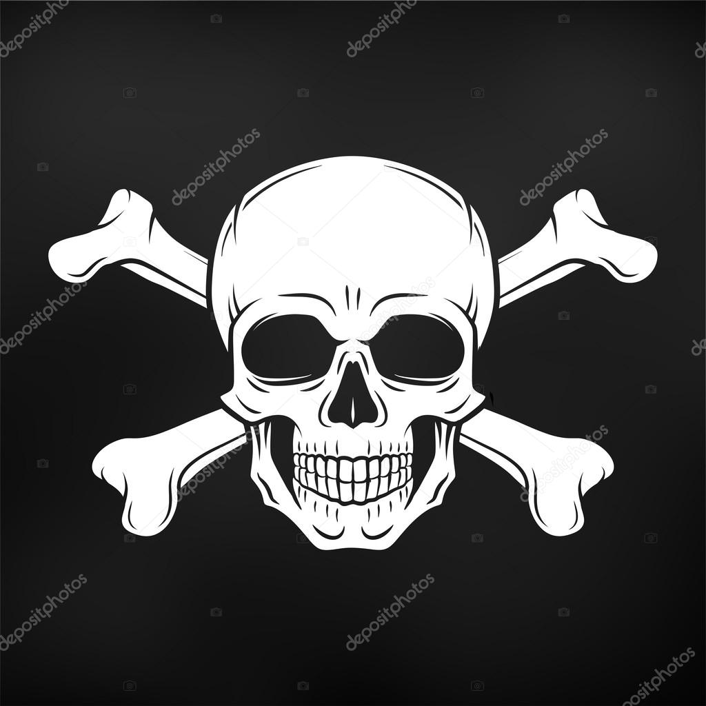 Human evil skull vector. Jolly Roger with crossbones logo template. death t-shirt design on black background. Pirate insignia concept. Poison icon illustration.