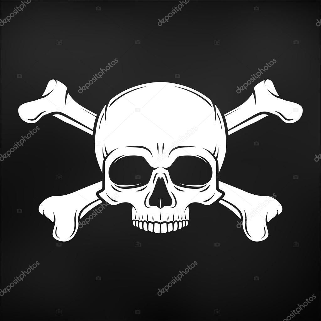Human evil skull vector on black background. Jolly Roger with crossbones logo template. death t-shirt design. Pirate insignia concept. Poison icon illustration.