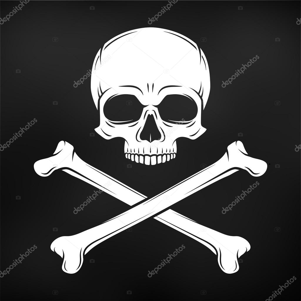 Human evil skull vector on black background. Pirate flag concept design. Jolly Roger with crossbones logo template. death t-shirt concept. Poison icon illustration