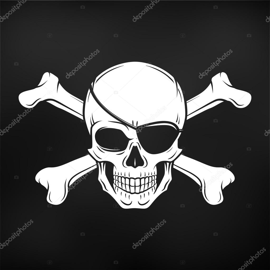 Jolly Roger with eyepatch and crossbones logo template. Evil skull vector. Dark t-shirt design. Pirate icon on black background