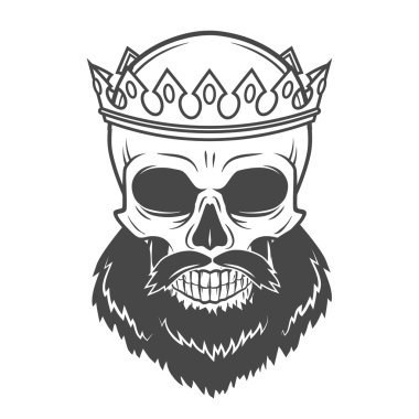 Bearded Skull King with Crown. Vintage Cruel tyrant portrait design. Royal t-shirt illustration. Old prince logo template.