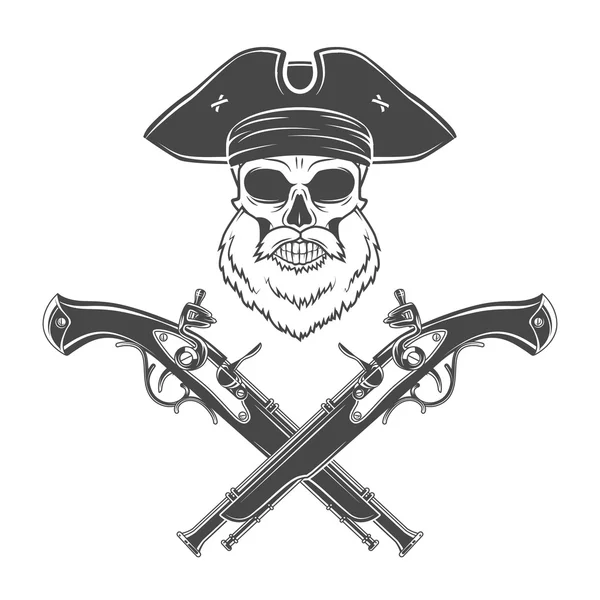 Captain skull with beard in cocked hat vector. Jolly Roger logo template. death t-shirt design. Victorian pistol insignia concept — Διανυσματικό Αρχείο