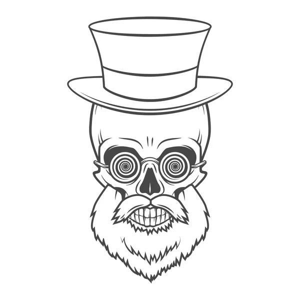 Bearded skull with hypnotic grasses and top hat. Crazy steampunk professor portrait. Dead victorian doctor vintage logo — Stock vektor