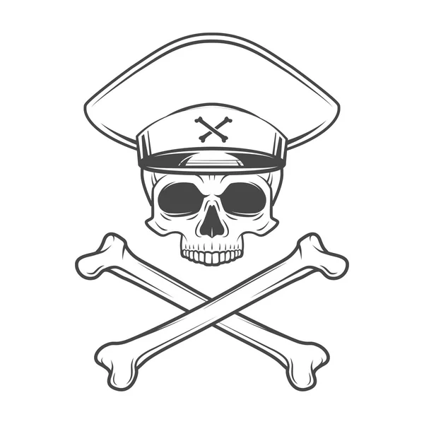 Череп с общей шляпой и крестообразными костями. Концепция логотипа сумасшедшего тирана. Векторная военная футболка . — стоковый вектор