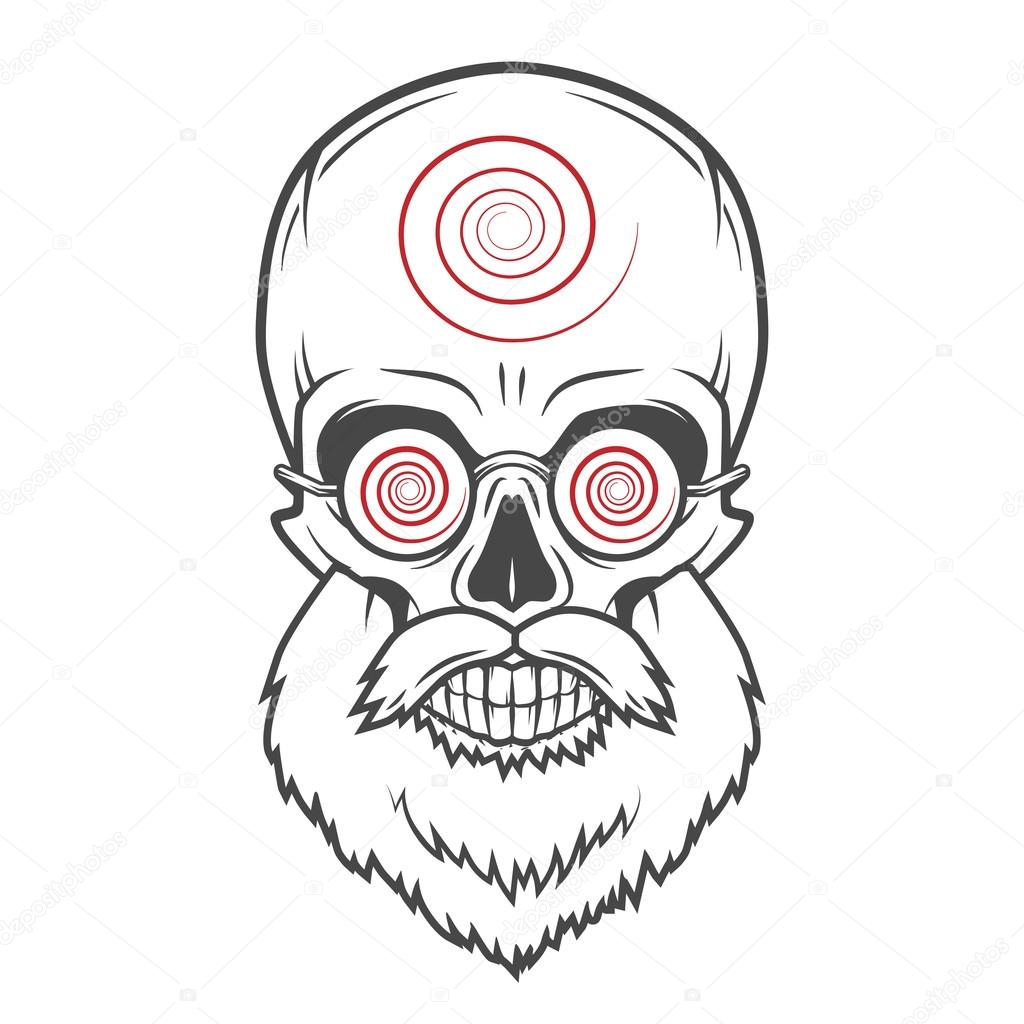 Bearded skull with hypnotic glasses. Crazy steampunk magician portrait. Dead victorian old man vintage logo