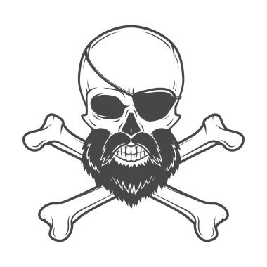 Pirate skull with beard, eye patch and crossed bones vector. Edward Teach portrait. Corsair logo template. Filibuster t-shirt insignia design