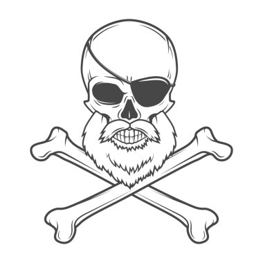 Pirate skull with beard, eye patch and crossed bones vector. Edward Teach portrait. Corsair logo template. Filibuster t-shirt insignia design