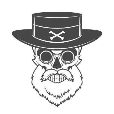 Head hunter skull with beard, hat and glasses vector. Rover logo template. Bearded old man t-shirt design.