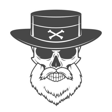 Head hunter skull with beard and hat vector. Rover logo template. Bearded old man t-shirt design.