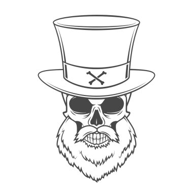 Steampunk Head hunter skull with beard and high hat vector. Old man rover logo template. Bearded skeleton t-shirt design.