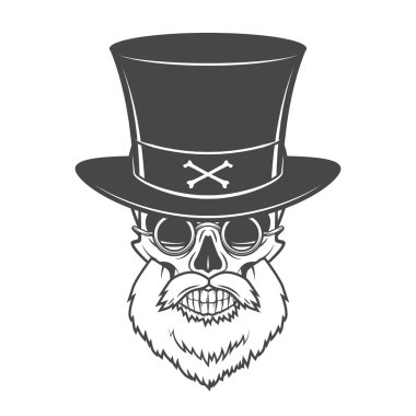 Head hunter skull with beard, hat and glasses vector. Victorian Rover logo template. Bearded old man t-shirt design.