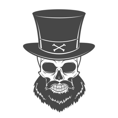 Outlaw skull with beard and high hat portrait vector. Crossbones logo template. Bearded rover t-shirt insignia design