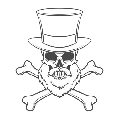 Outlaw skull with beard, high hat and cross bones portrait vector. Crossbones logo template. Bearded rover t-shirt insignia design