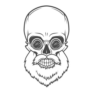 Evil Bearded Jolly Roger with glasses logo template. Old biker t-shirt design. Rock and roll insignia concept.