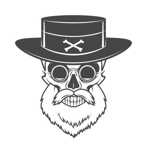 Head hunter skull with beard, hat and glasses vector. Rover logo template. Bearded old man t-shirt design. — Stok Vektör