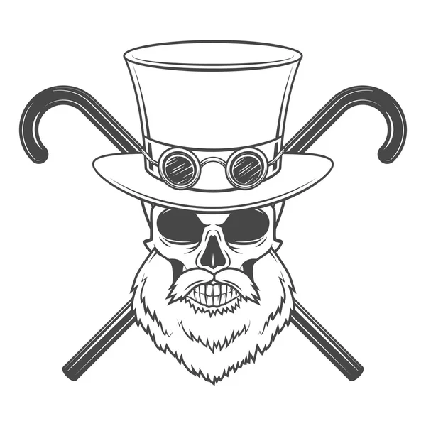 Old bearded steampunk gentleman skull with goggles and cylinder hat
