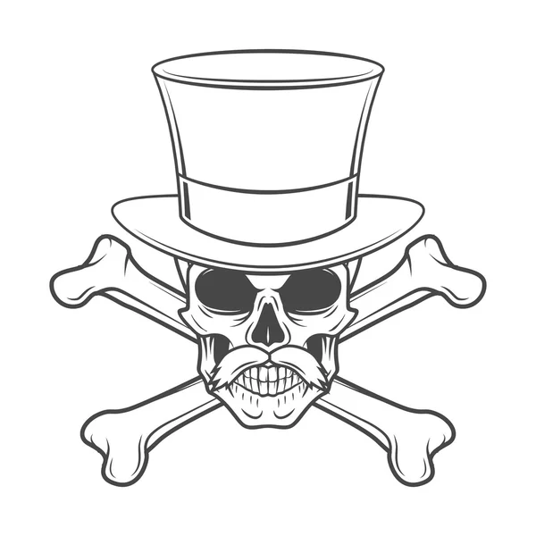 Cráneo forajido con bigote, sombrero alto y retrato cruzado. Crossbones cabeza cazador logotipo plantilla. Steampunk rover camiseta insignia diseño — Archivo Imágenes Vectoriales