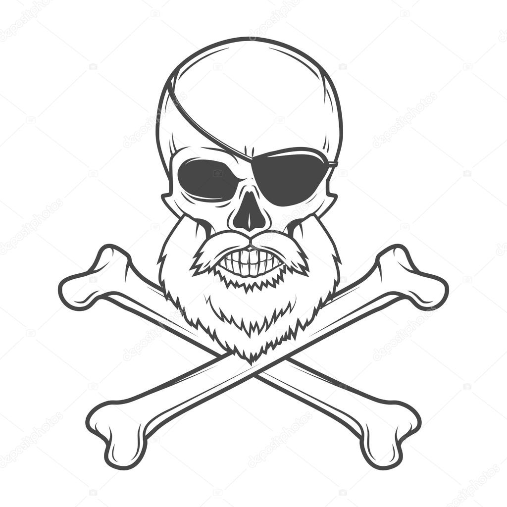 Pirate skull with beard, eye patch and crossed bones vector. Edward Teach portrait. Corsair logo template. Filibuster t-shirt insignia design