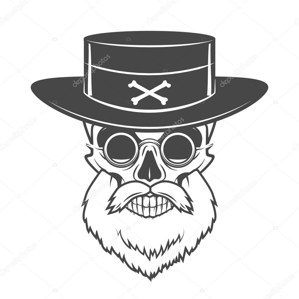 Head hunter skull with beard, hat and glasses vector. Rover logo template. Bearded old man t-shirt design.