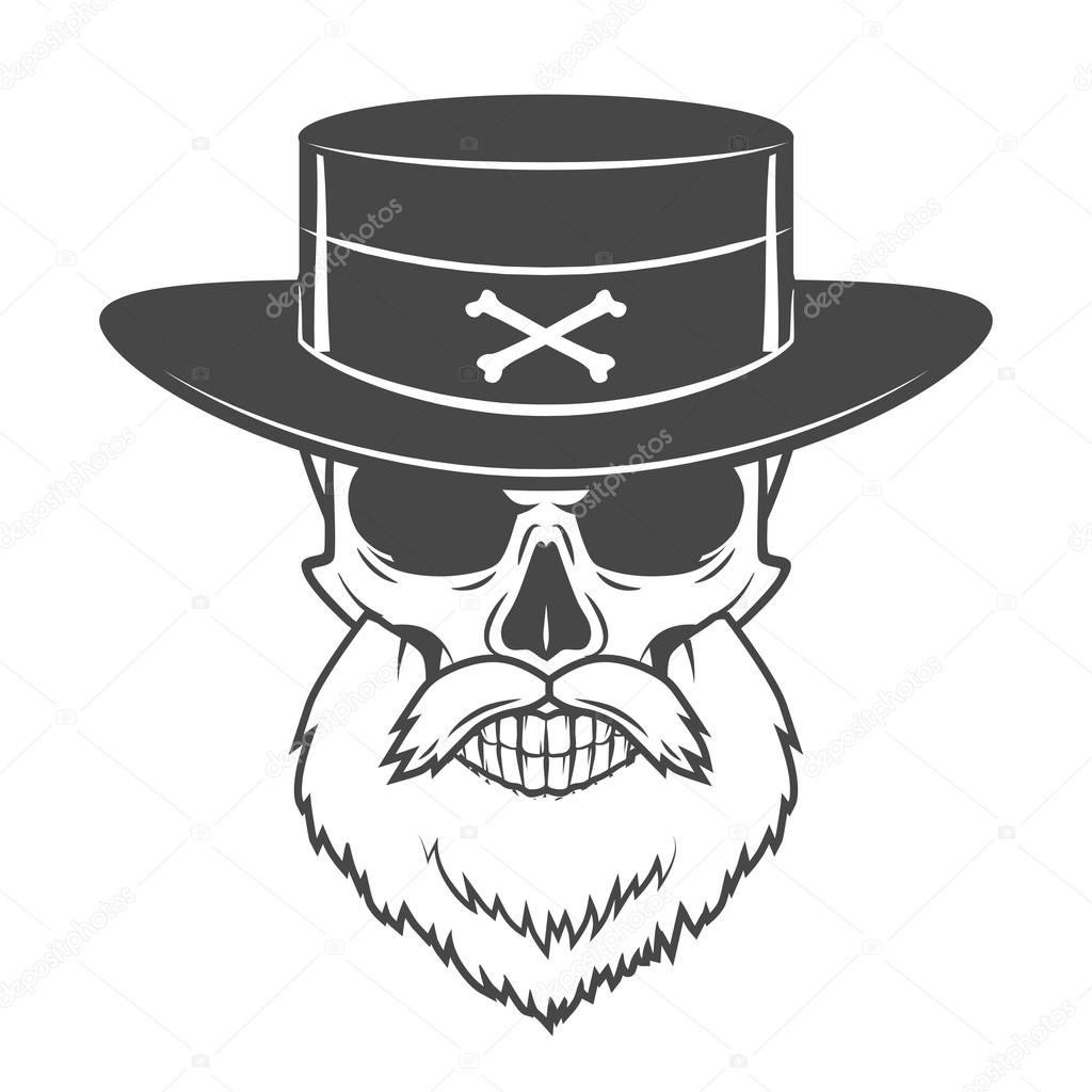 Head hunter skull with beard, hat and glasses vector. Rover logo template. Bearded old man t-shirt design