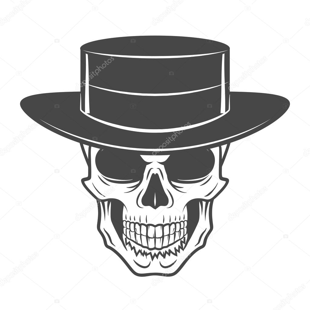 Wild west skull with hat. Smiling rover logo template. Wanted die or alive portrait. High way man t-shirt design