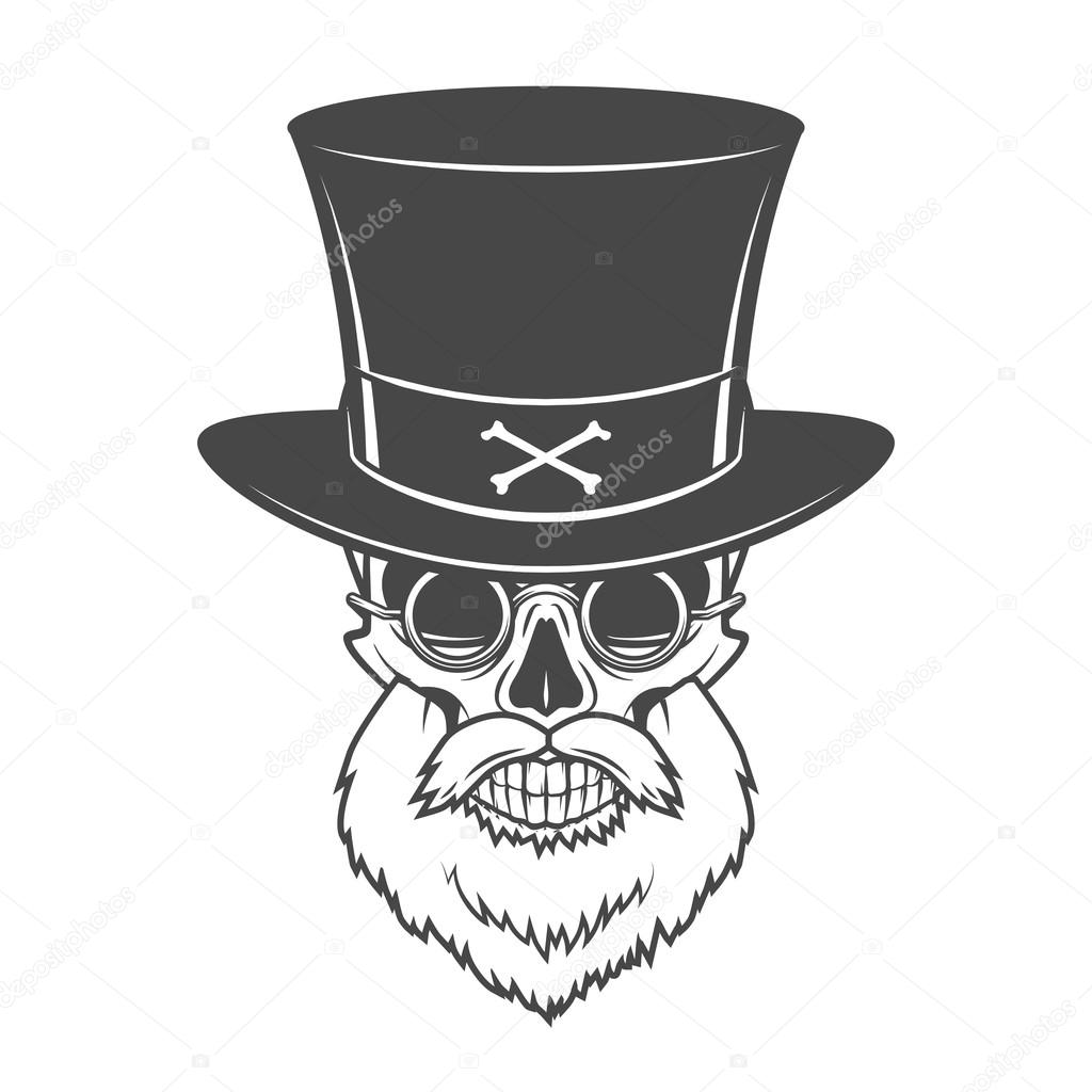 Head hunter skull with beard, hat and glasses vector. Victorian Rover logo template. Bearded old man t-shirt design.