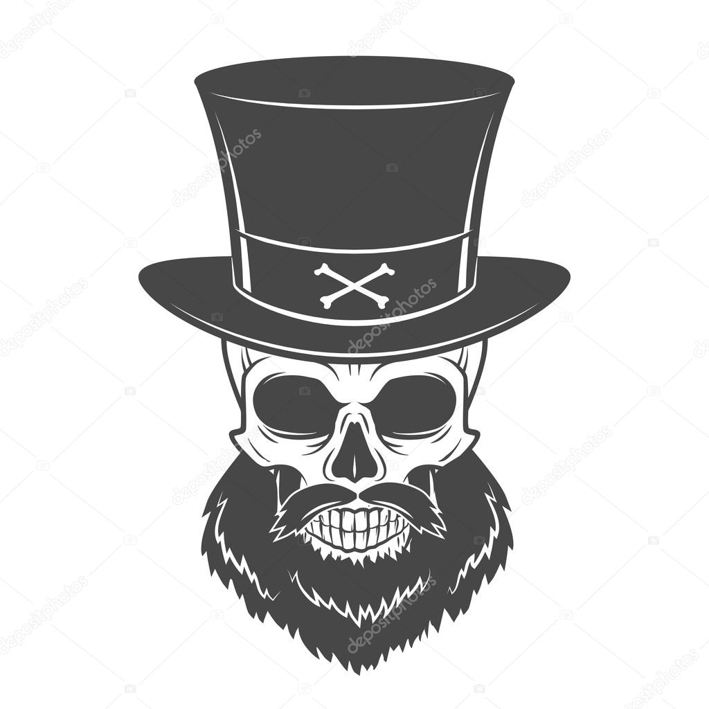 Outlaw skull with beard and high hat portrait vector. Crossbones logo template. Bearded rover t-shirt insignia design