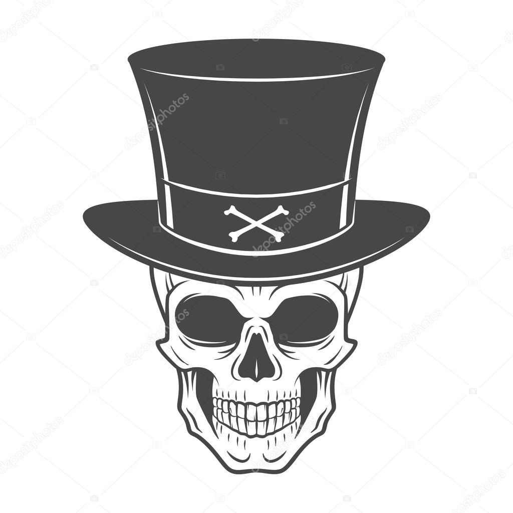 Steampunk skeleton with high hat. Smiling victorian bandit logo template. Wanted die or alive portrait. High way man t-shirt design