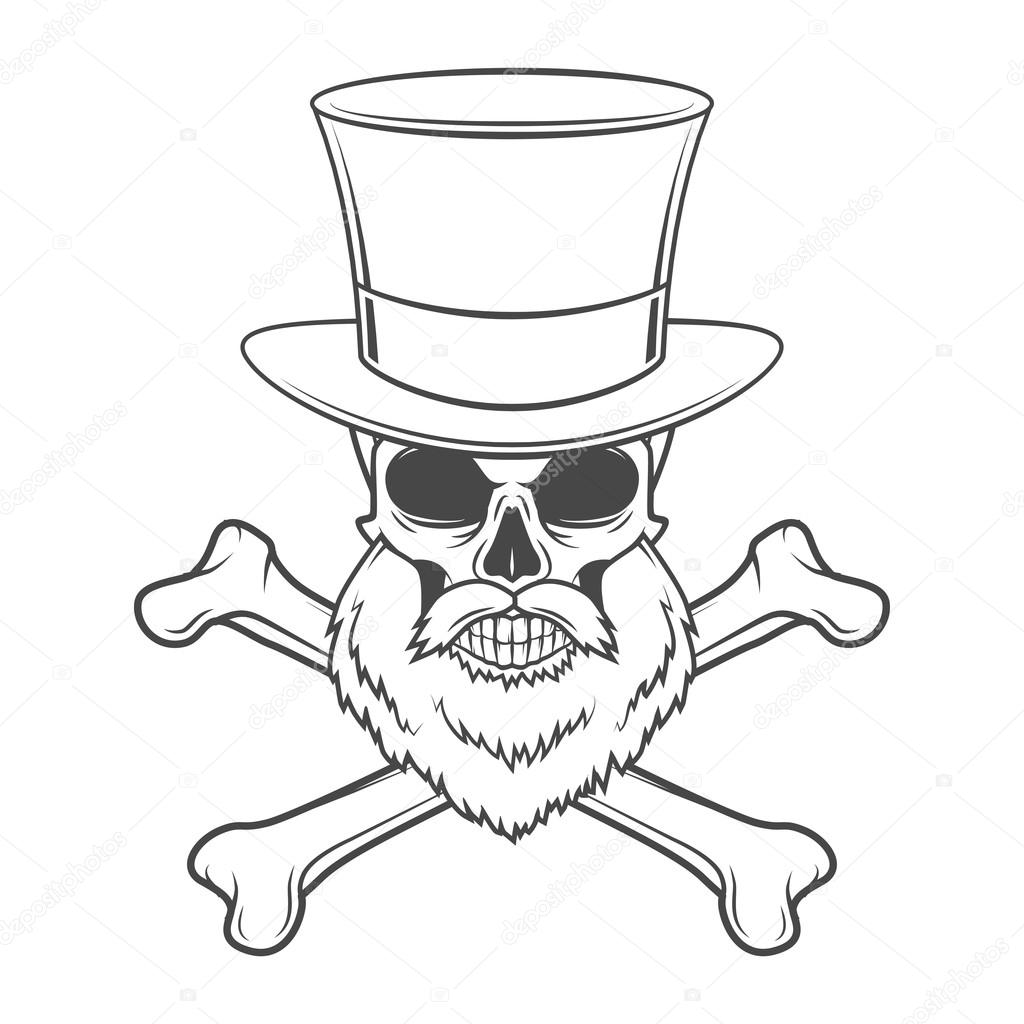 Outlaw skull with beard, high hat and cross bones portrait vector. Crossbones logo template. Bearded rover t-shirt insignia design