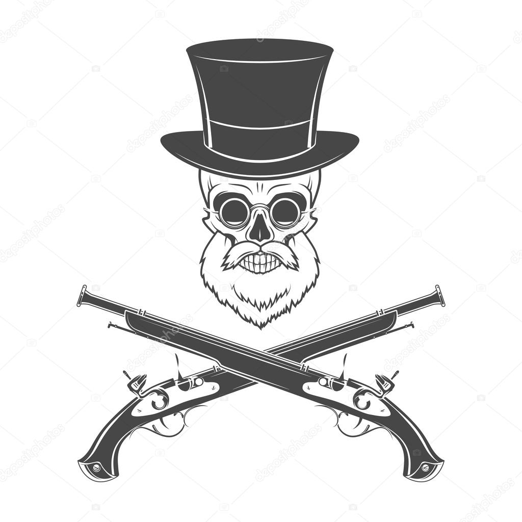 Gentleman of fortune skeleton with beard, glasses, top hat and flint guns. Victorian rover logo template