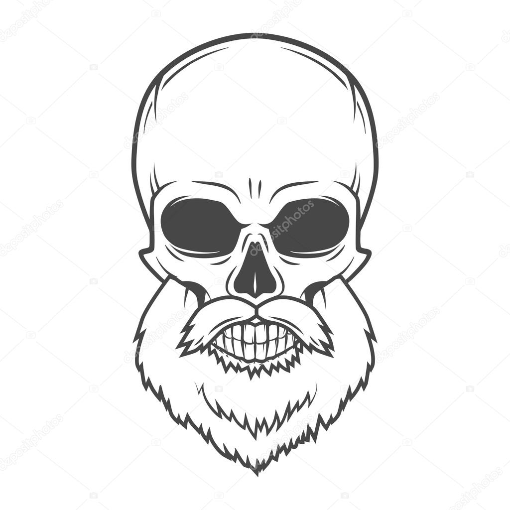 Evil Bearded Jolly Roger logo template. Old biker t-shirt design. Rock and roll insignia concept.