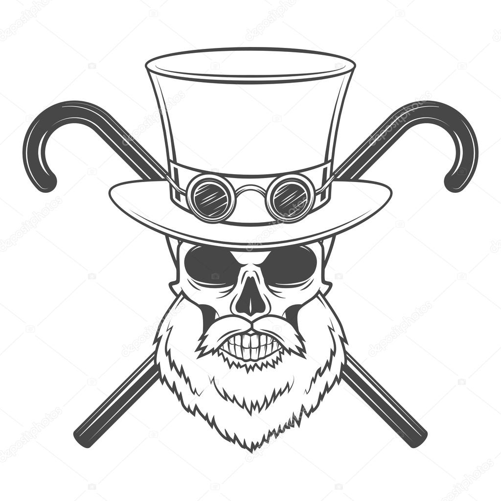 Old bearded steampunk gentleman skull with goggles and cylinder hat