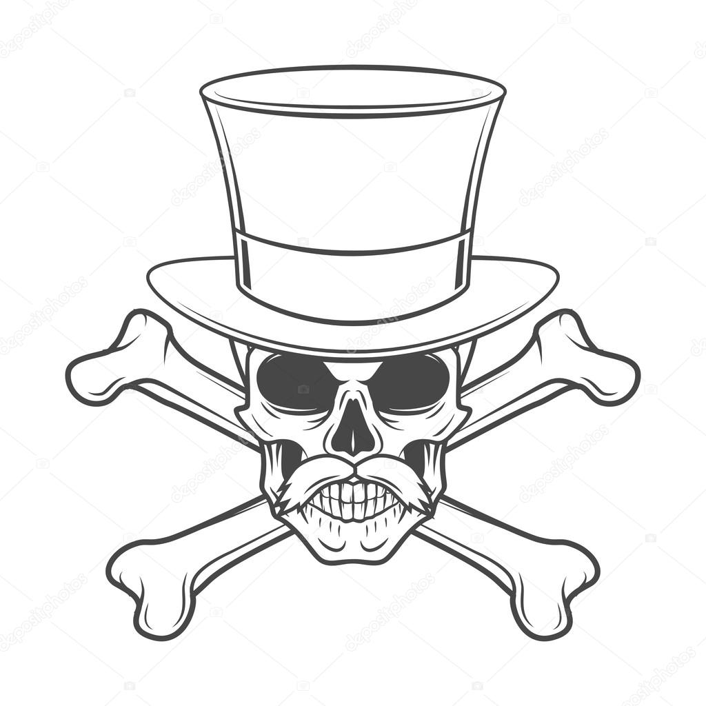 Outlaw skull with mustache, high hat and crossbones portrait. Crossbones head hunter logo template. Steampunk rover t-shirt insignia design