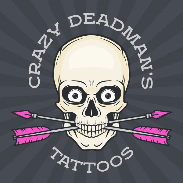 Modelo de logotipo de salão de tatuagem. Crânio Hipster com setas cruzadas. Design de cartaz legal. Rótulo da loja de vestuário . — Vetor de Stock