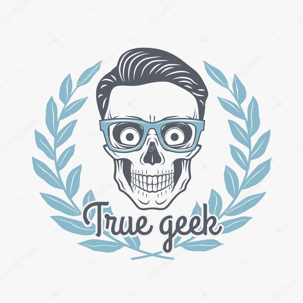 True geek skull vector with hipster glasses and laurel leafs. Crazy deadman insignia template. Smiling skeleton badge design. Jolly student label.
