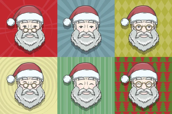 Набір усміхнені обличчя Санта-Клауса з круглі окуляри і візерунок тло. Щасливого нового року Печатна продукція. Урожай Різдвяна листівка. Ілюстрація Noel футболку. — стоковий вектор