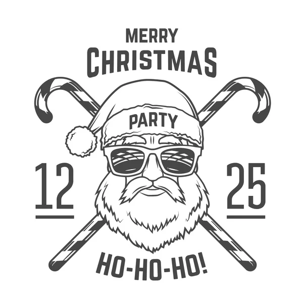 Weihnachtsmann mit Hipstergläsern und Zuckertüten-Print-Design. Vintage Disco-Abzeichen. Weihnachtsmann-Porträt. Rock and Roll-Logo. T-Shirt-Illustration zum neuen Jahr. — Stockvektor