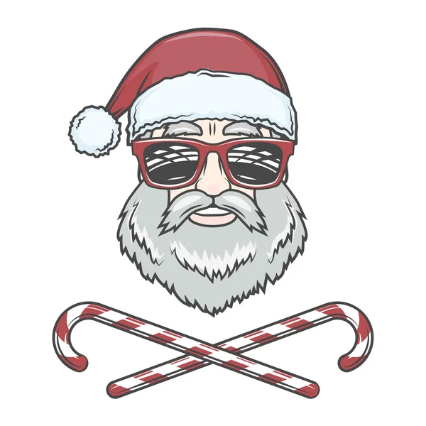 Motociclista Papai Noel com cones de doces e óculos hipster design de impressão. Vintage disco homem Natal logotipo insígnia. Rock and roll ilustração camiseta ano novo —  Vetores de Stock