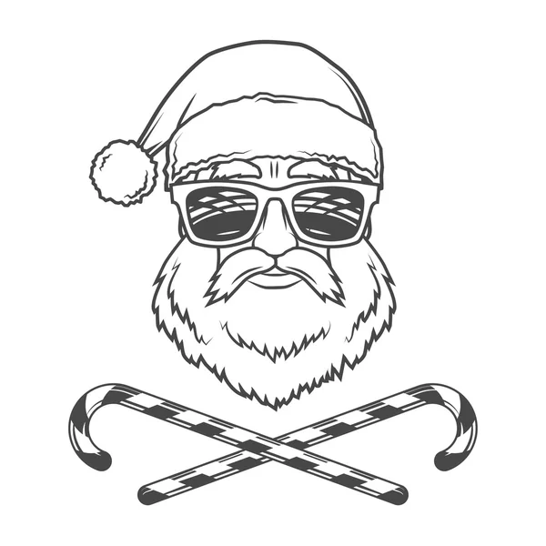 Noel Baba motorcu şeker koniler ve yenilikçi baskı tasarımı gözlük. Vintage disko adam Noel logo rozet. Rock and roll yeni yıl t-shirt illüstrasyon.