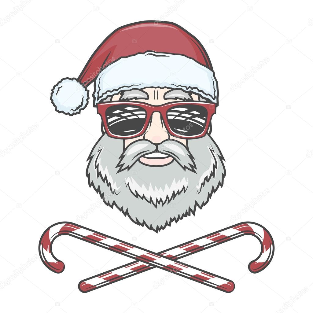 Santa Claus biker with candy cones and hipster glasses print design. Vintage disco man Christmas logo insignia. Rock and roll new year t-shirt illustration