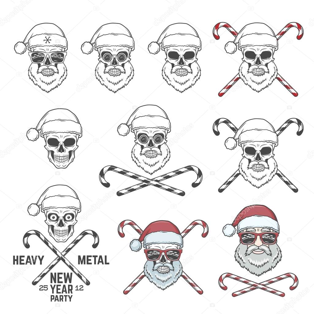 Big set of Santa Claus skulls with candy cones and glasses. New year logo insignia design elements. Vintage Heavy metal party Christmas badge collection. Rock and roll noel t-shirt illustration.