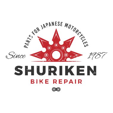 Japan bike repair service logo concept. Ninja weapon insignia design. Vintage shuriken badge. Motorcycle parts t-shirt illustration. clipart