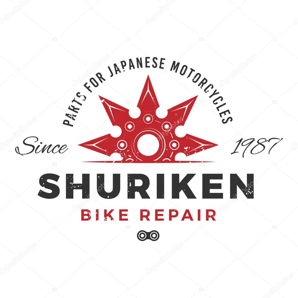 Japan bike repair service logo concept. Ninja weapon insignia design. Vintage shuriken badge. Motorcycle parts t-shirt illustration.